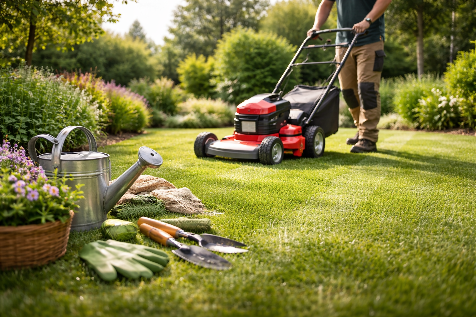 Gartenpflege: Rasenmähen und gepflegte Grünfläche