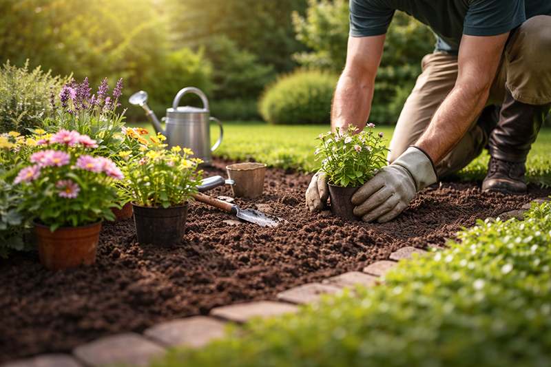 Pflanzung & Gartenarbeiten: Hände mit Pflanze im Beet